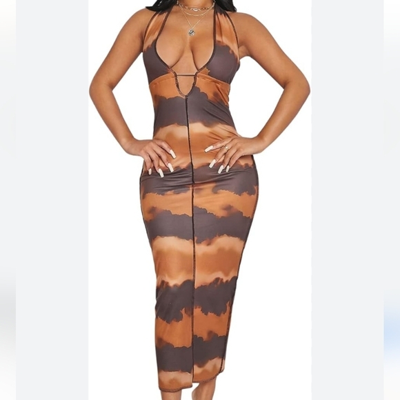 Brown and Black Tie-Dye Bodycon Dress - Picture 1 of 8